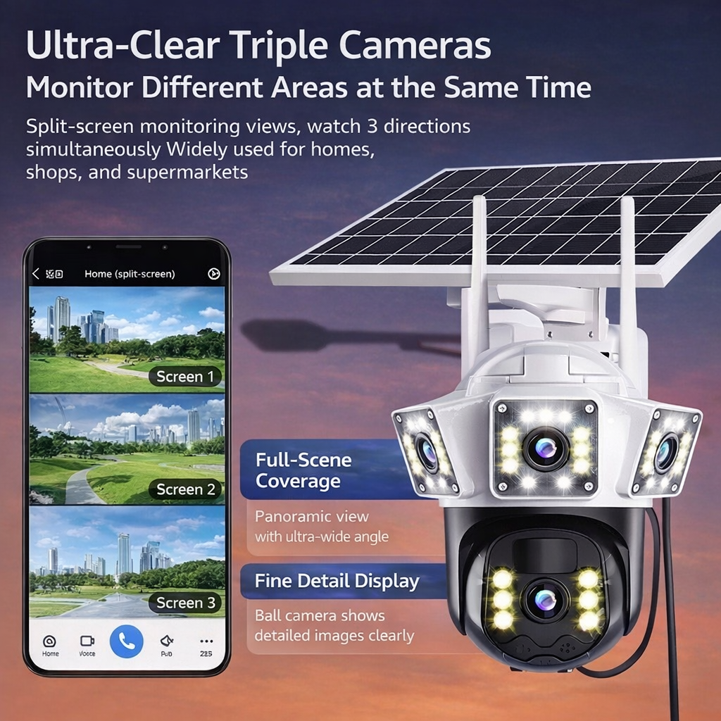 4K Triple-View Solar Powered Outdoor Wireless CCTV Camera