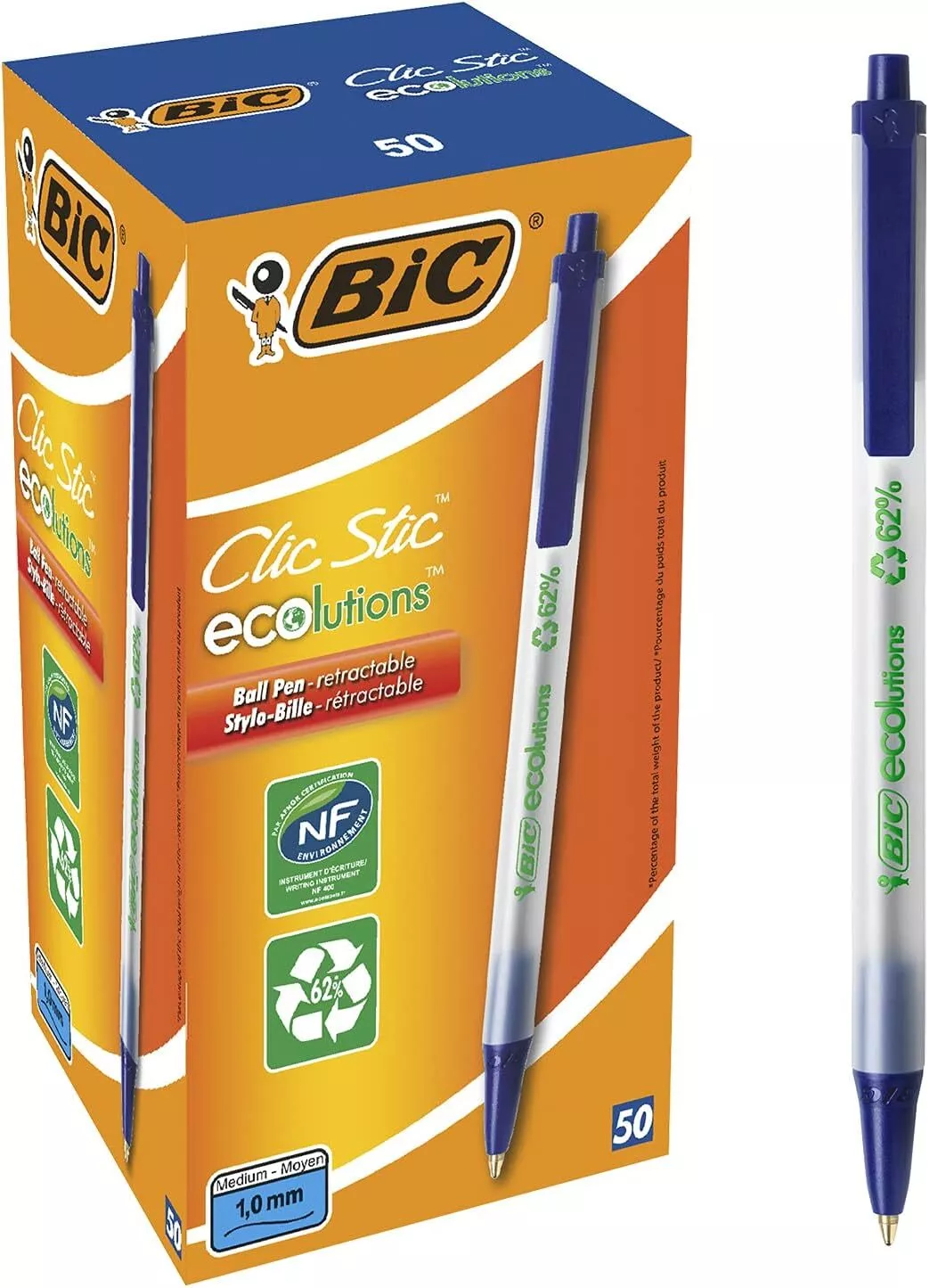 BiC Clic Stic ECOlutions 1.0mm Tip Blue Ballpoint Pens - Box 50
