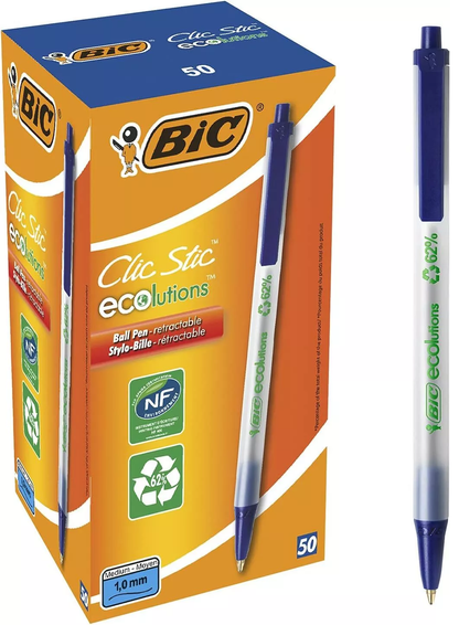 BiC Clic Stic ECOlutions 1.0mm Tip Blue Ballpoint Pens - Box 50