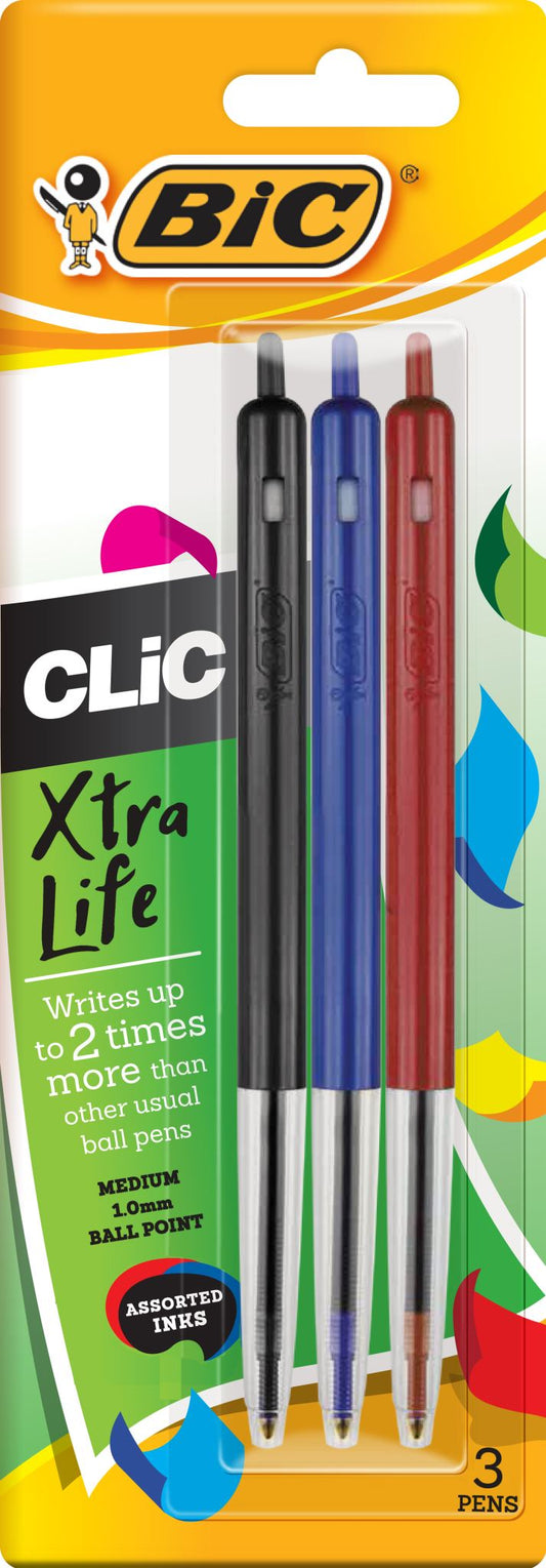 BiC Clic Ballpoint Pens Assorted 1.0mm Tip - 3 Pack