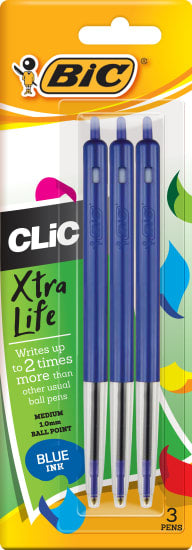 BiC Clic Ballpoint Pens Blue 1.0mm Tip - 3 Pack