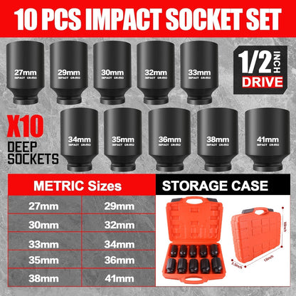 1/2 Inch Drive 10 Piece Comprehensive Impact Deep Socket Set 27 - 41mm