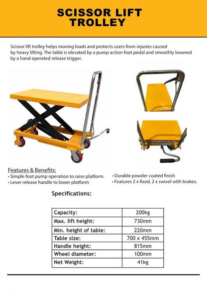 Hydraulic Scissor Lift Table Trolley 200kg