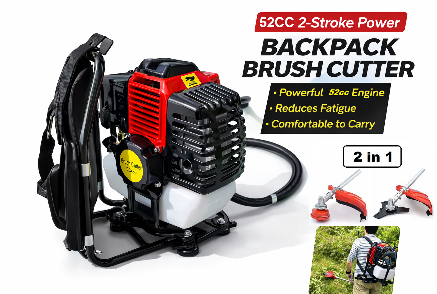 52cc 2-Stroke Petrol Backpack Line Trimmer 2-in-1