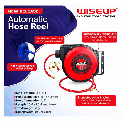 WISEUP 5/16 Inch Retractable Wall Mounted Air Hose Reel